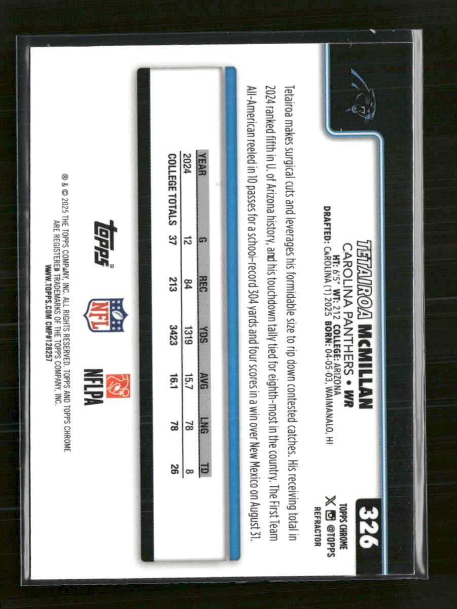2025 Topps Chrome Refractor Tetairoa McMillan Rookie #326