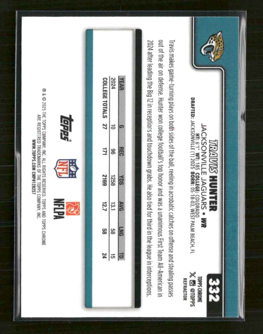 2025 Topps Chrome Refractor Travis Hunter Rookie #332