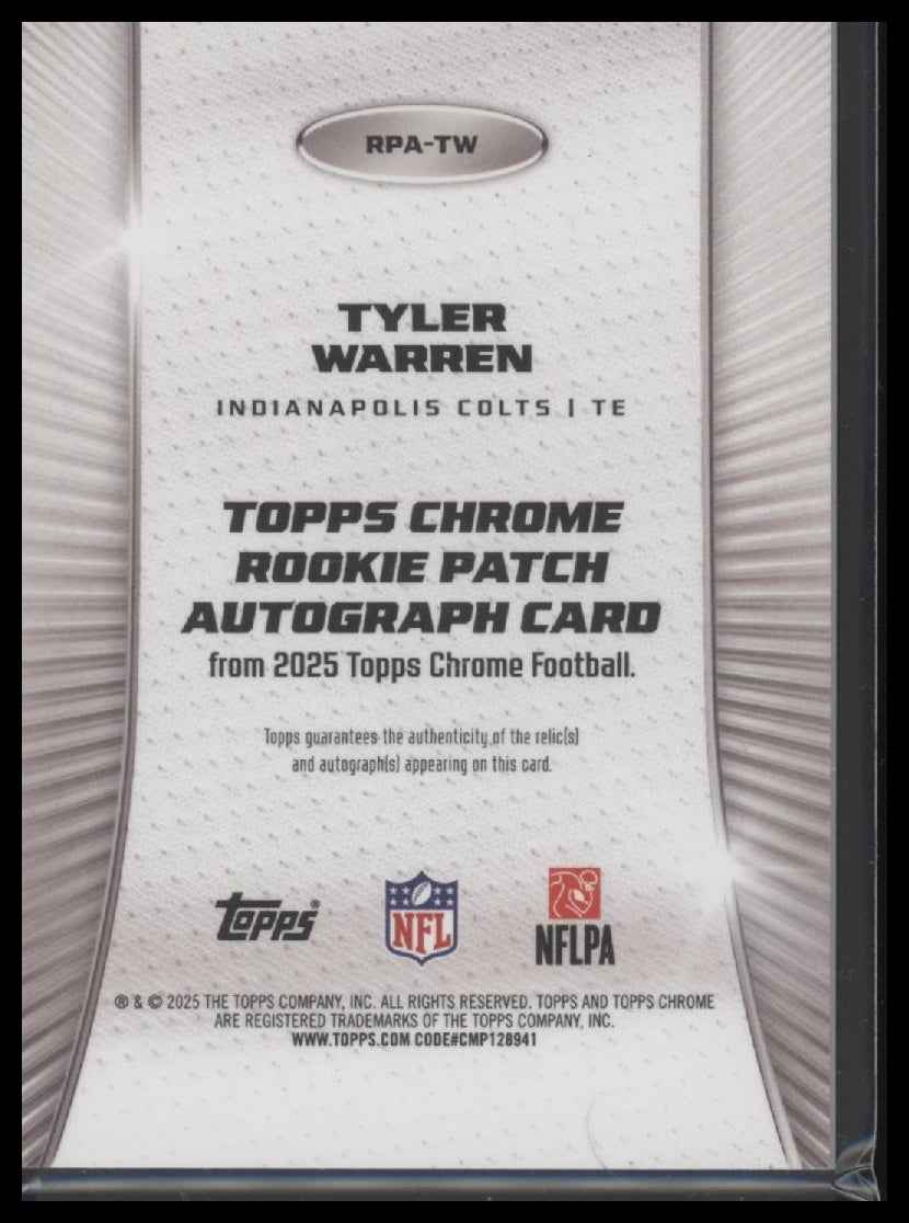 2025 Topps Rookie Patch Auto Orange Refractor Tyler Warren #/25 #RPA-TW