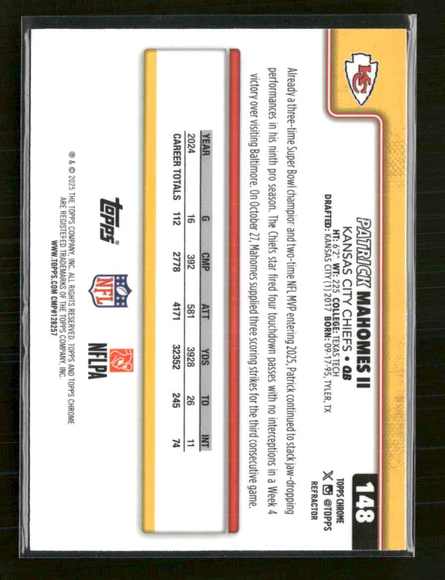 2025 Topps Chrome Refractor Patrick Mahomes II #148