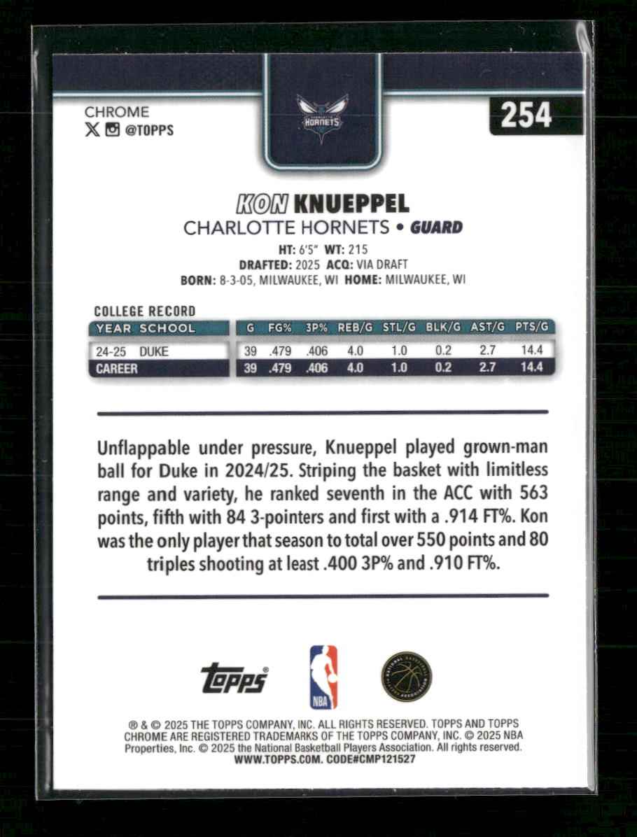2025-26 Topps Chrome Refractor Kon Knueppel Rookie #254