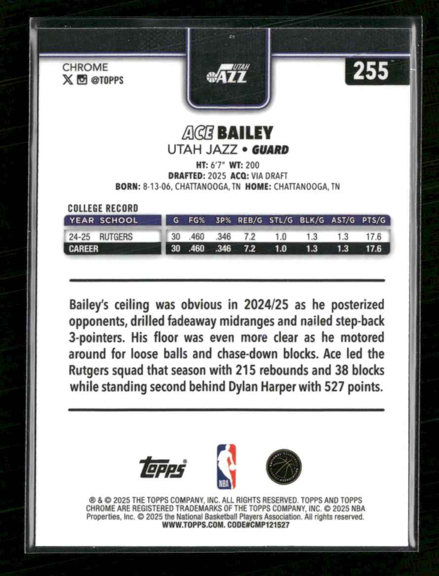2025-26 Topps Chrome Basketball Refractor Ace Bailey Rookie #255