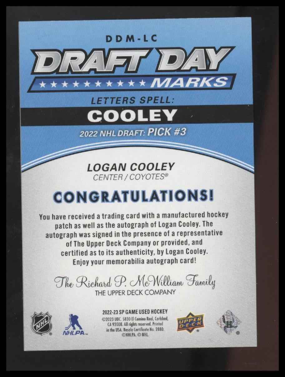 Logan Cooley 2023-24 SP Game Used #DDM-LC Draft Day Marks #/35