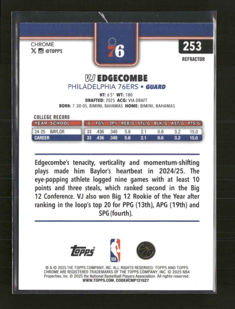 2025-26 Topps Chrome Refractor VJ Edgecombe Rookie #253