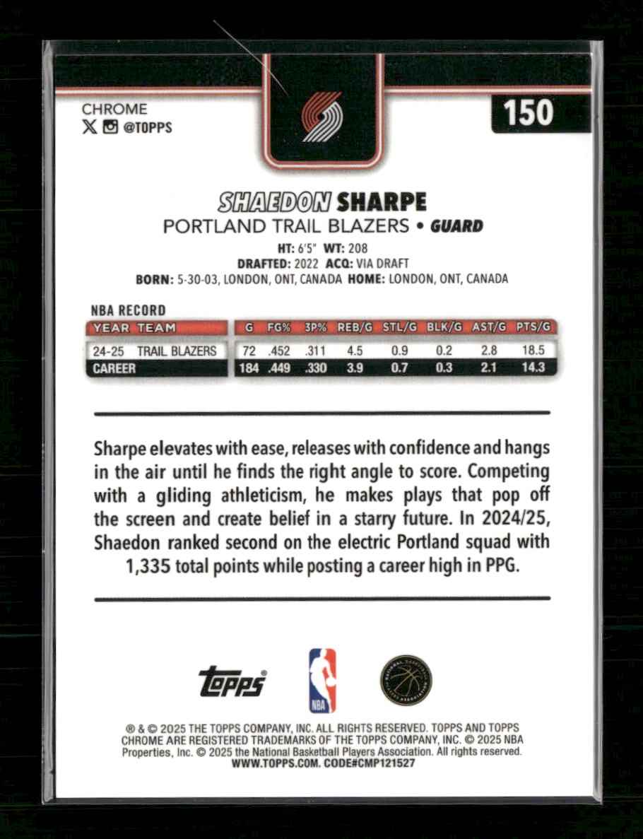 2025-26 Topps Chrome Gold Refractor Shaedon Sharpe #150