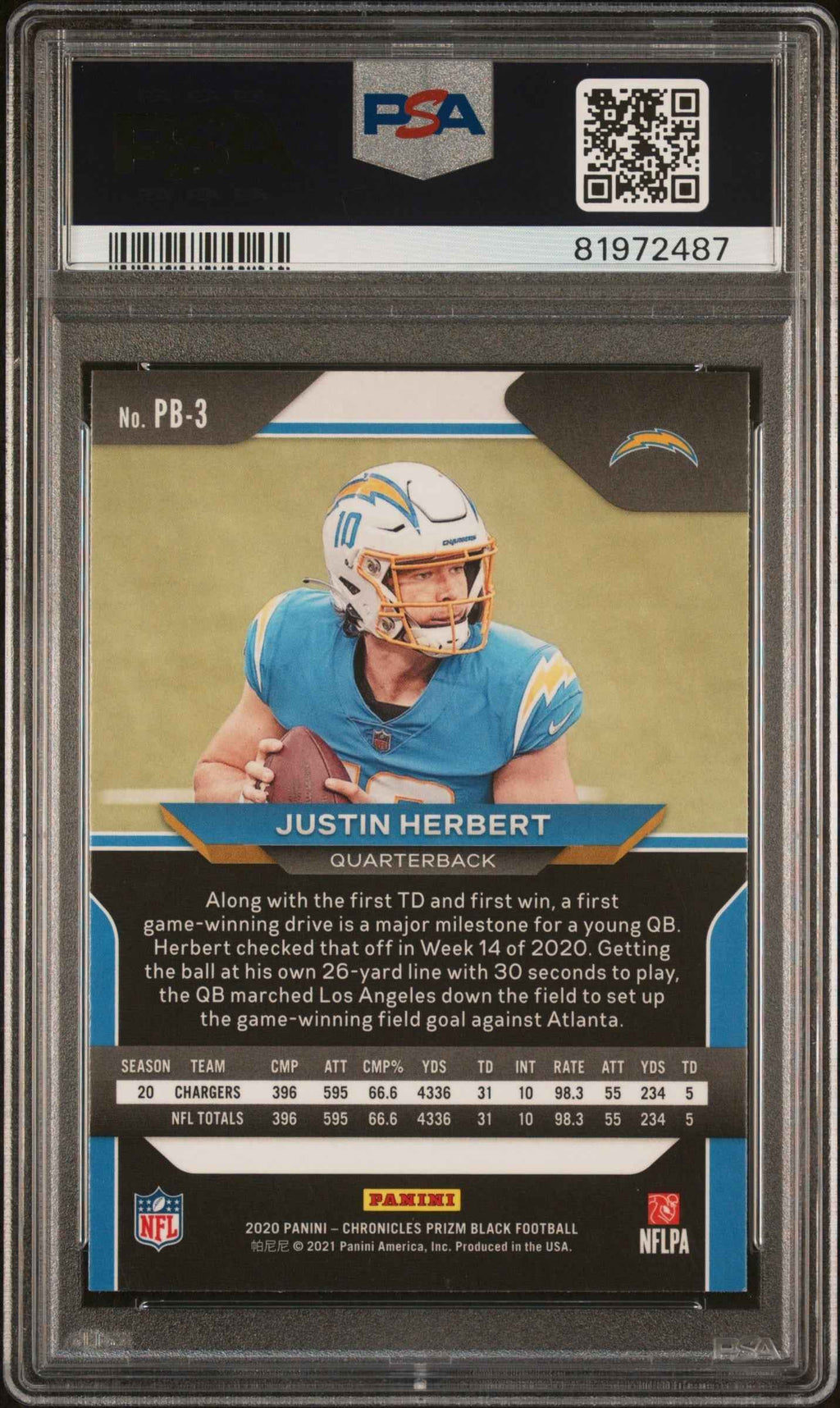 2020 Panini Chronicles Prizm Black Prizm Black Justin Herbert 9 PSA #PB3