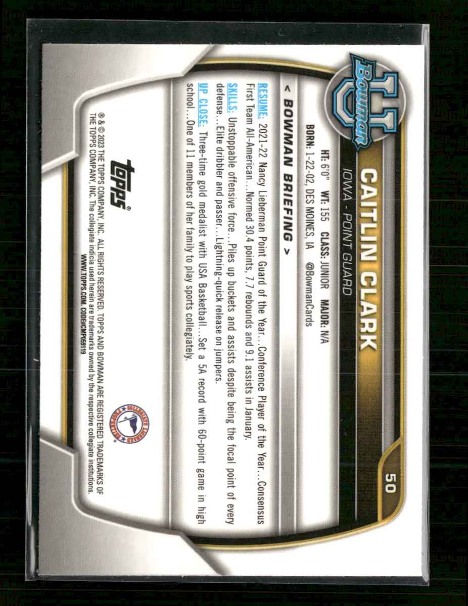 2022-23 Bowman University Chrome Pink Caitlin Clark #50