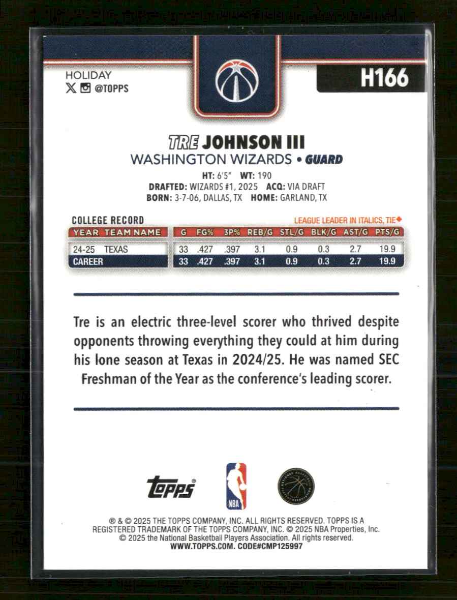 2025-26 Topps Holiday Orange Metallic Glitter Tre Johnson III Rookie #/25 #H166