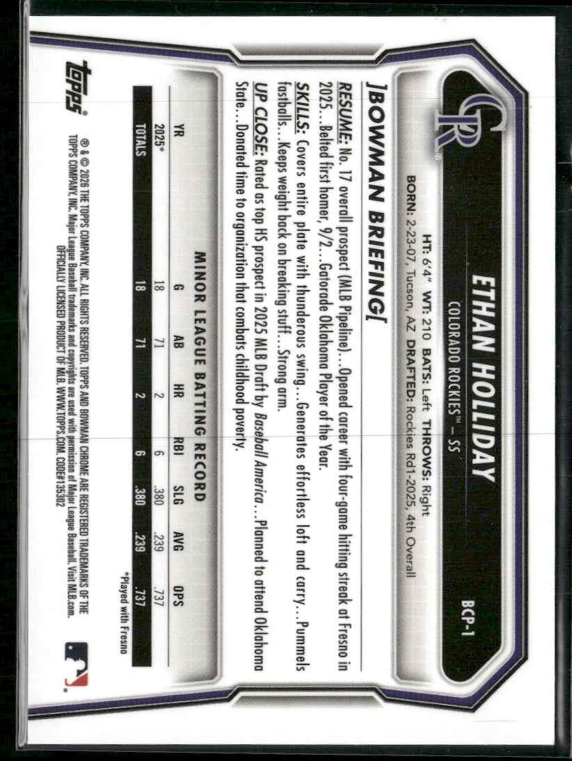 2026 Bowman Chrome Prospects Reptilian Refractor Ethan Holliday #BCP-1