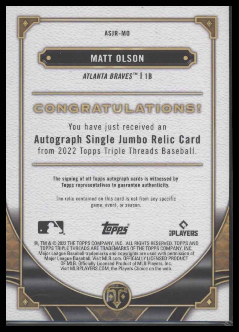 2022 Topps Triple Threads Autograph Single Jumbo Relics Amethyst Matt Olson #/75