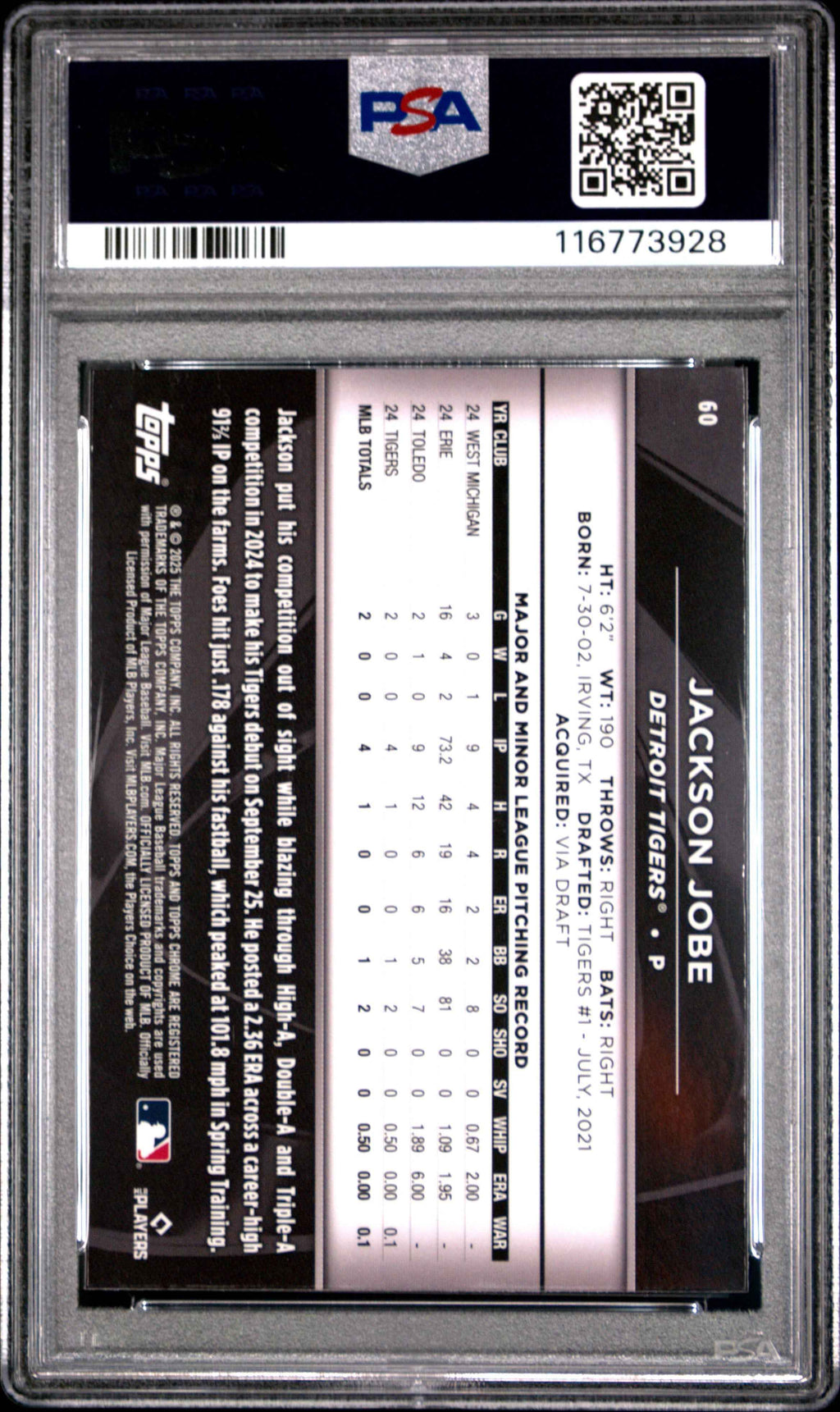 Graded 2025 Topps Chrome Black Jackson Jobe #60 Rookie RC Baseball Card PSA 10 Gem Mint