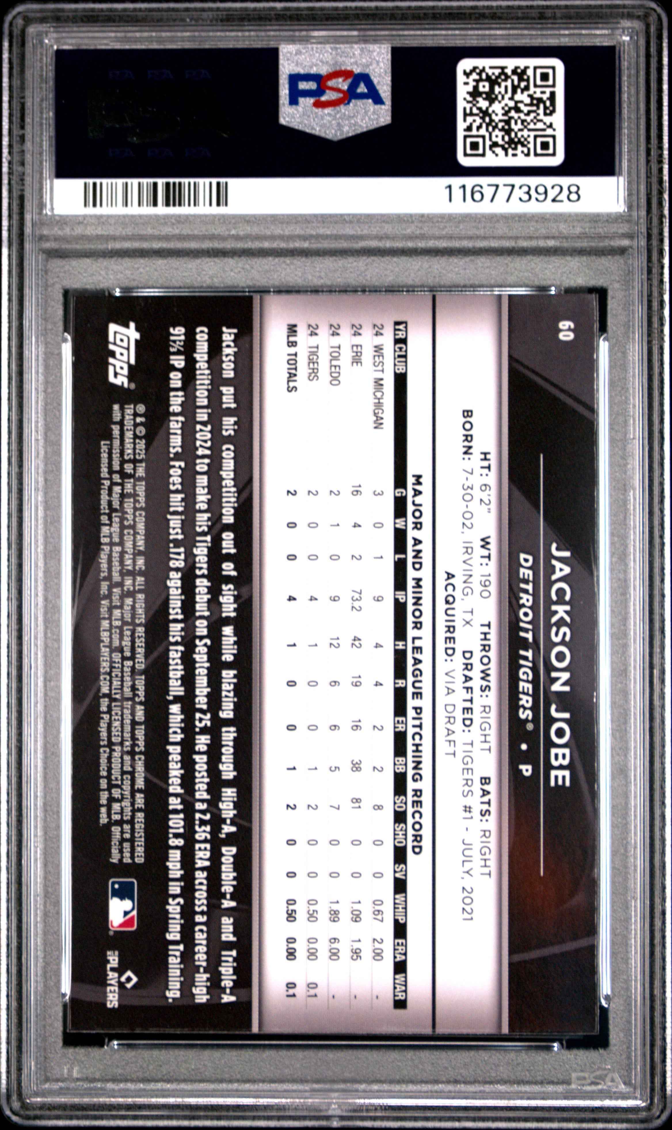 Graded 2025 Topps Chrome Black Jackson Jobe #60 Rookie RC Baseball Card PSA 10 Gem Mint