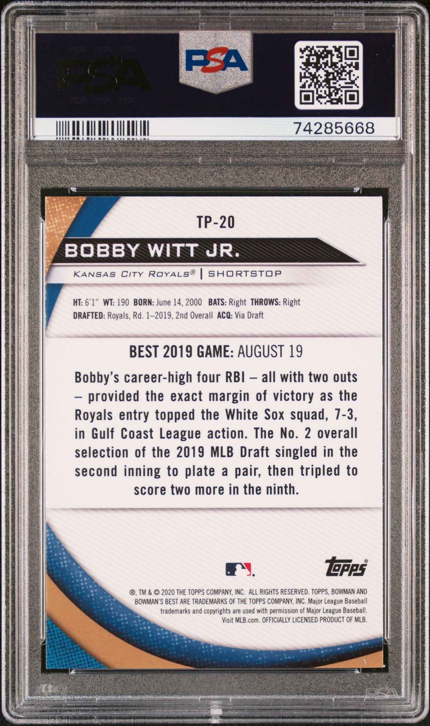 Graded 2020 Topps Bowman's Best Bobby Witt Jr. #TP20 Top Prospects Rookie RC Baseball Card PSA 10 Gem Mint