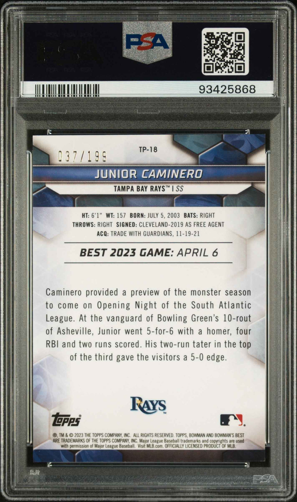 Graded 2023 Topps Bowmans Best Junior Caminero #TP18 Top Prospects Aqua Lava /199 Rookie RC Baseball Card PSA 10 Gem Mint