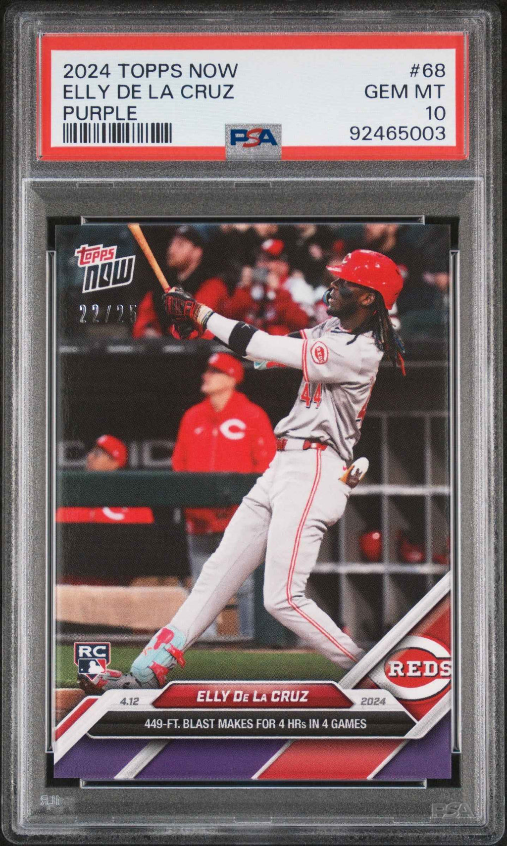 Graded 2024 Topps Now Elly De La Cruz #68 Purple #/25 Rookie RC Baseball Card PSA 10 Gem Mint