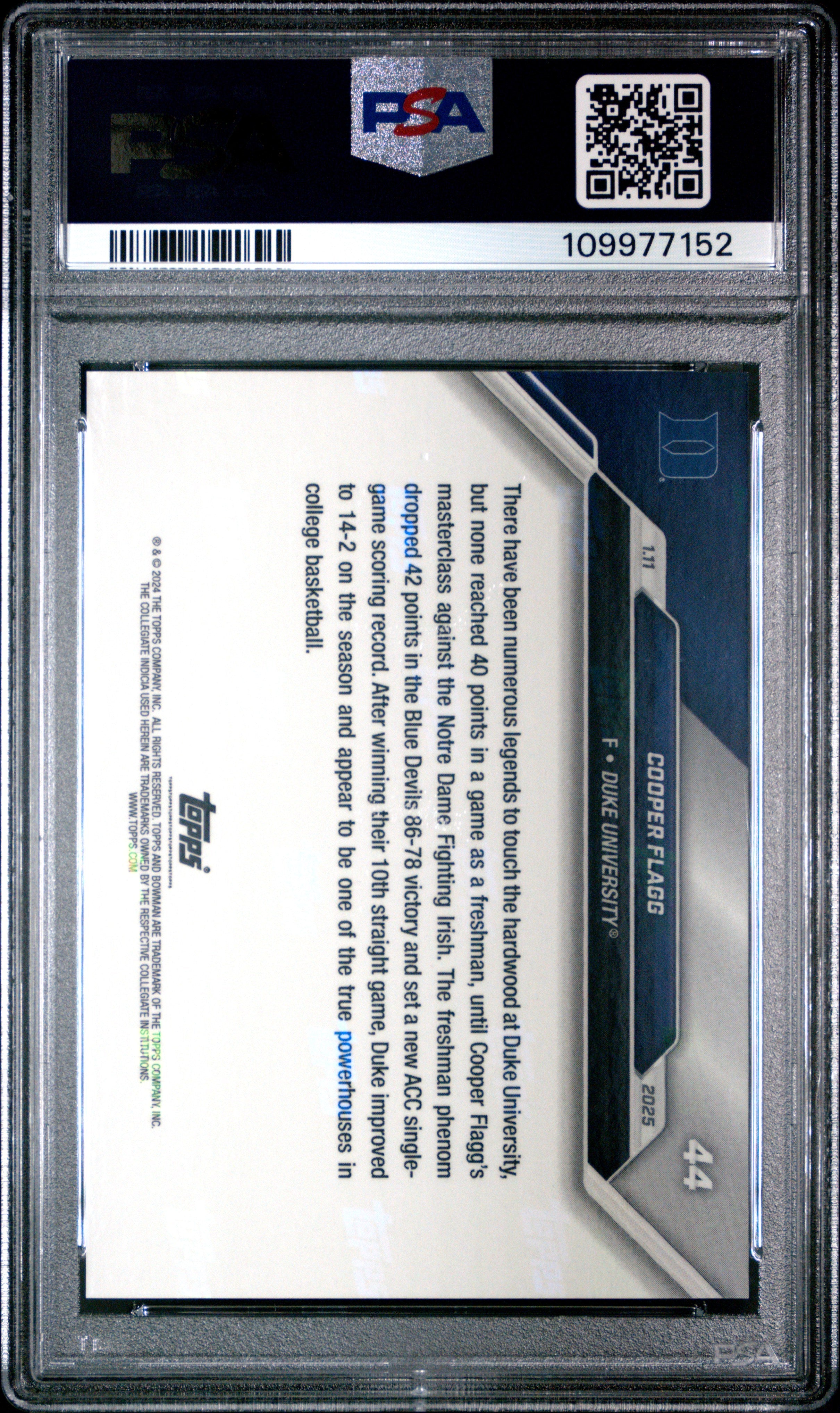 Graded 2024 Topps Bowman U Now Cooper Flagg #44 Phenom Sets ACC Freshman Single Game Scoring Mark Rookie RC Basketball Card PSA 10 Gem Mint