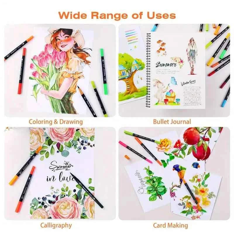 60-Piece Set: Dual Tip Brush Marker Set with Brush & Fineliner Pens