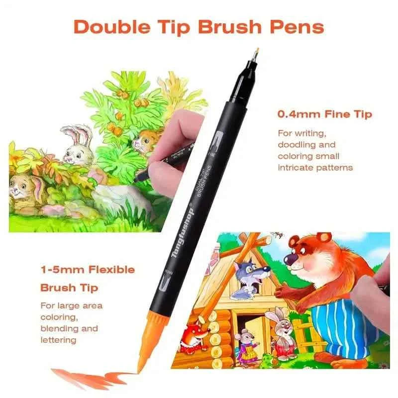60-Piece Set: Dual Tip Brush Marker Set with Brush & Fineliner Pens