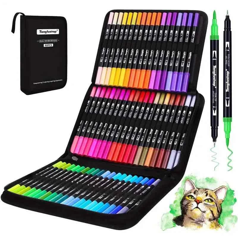 60-Piece Set: Dual Tip Brush Marker Set with Brush & Fineliner Pens
