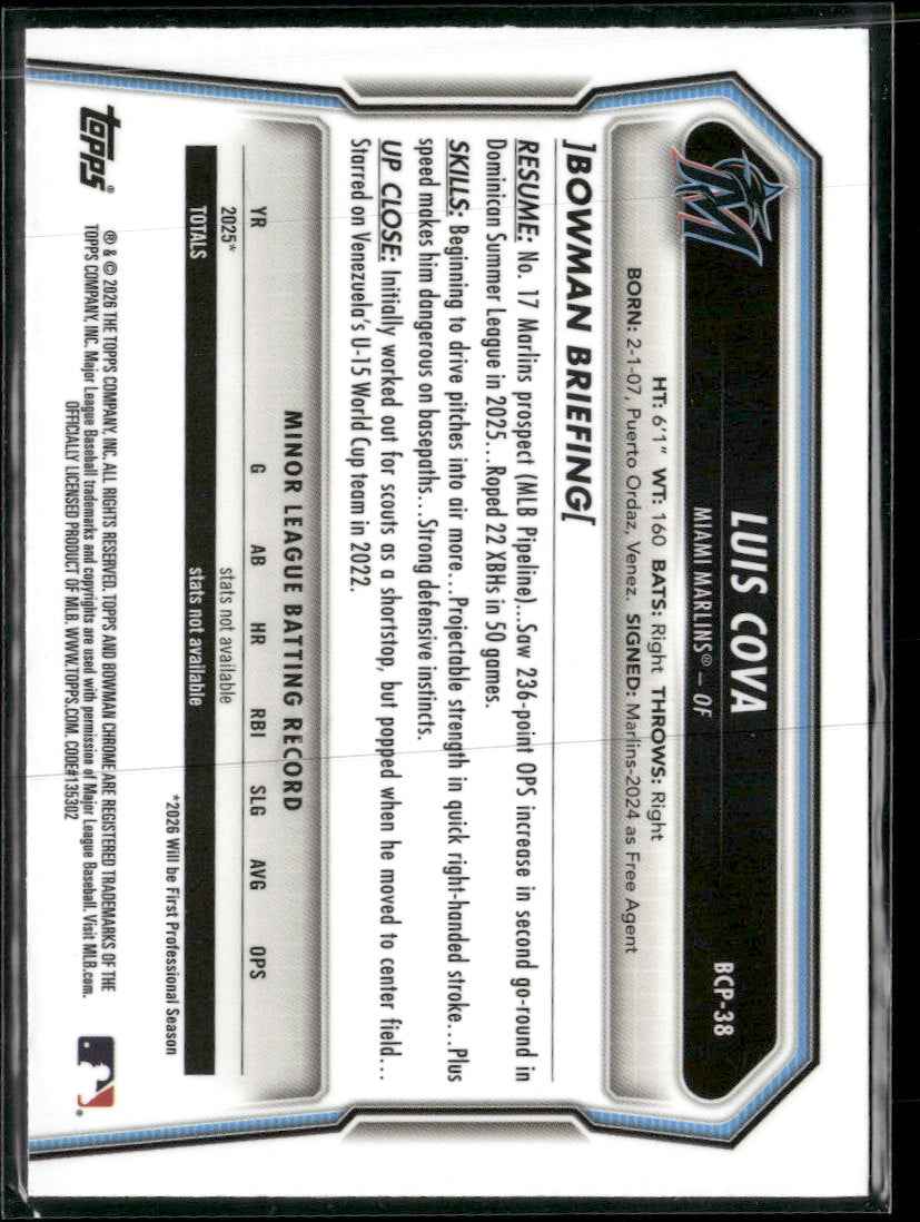 2026 Bowman Chrome Prospects Reptilian Blue Refractor Luis Cova #/150 #BCP-38