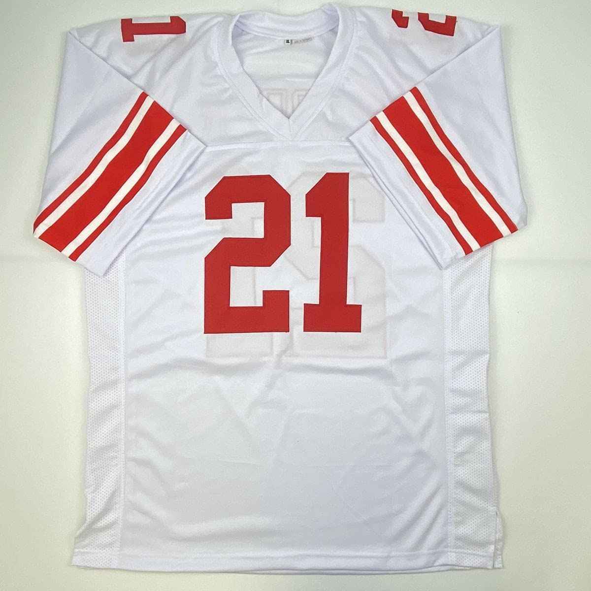Autographed/Signed Tiki Barber New York White Football Jersey JSA COA
