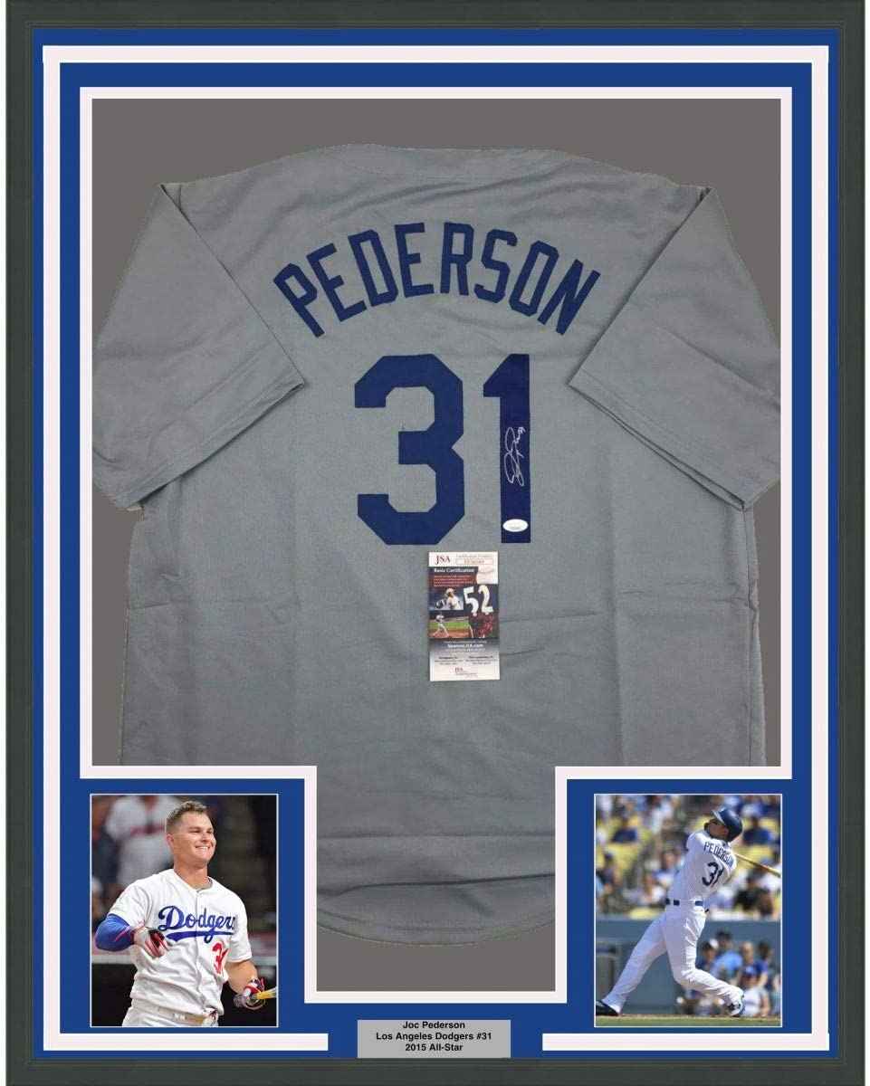 Framed Autographed/Signed Joc Pederson 35x39 Los Angeles LA Grey Baseball Jersey JSA COA