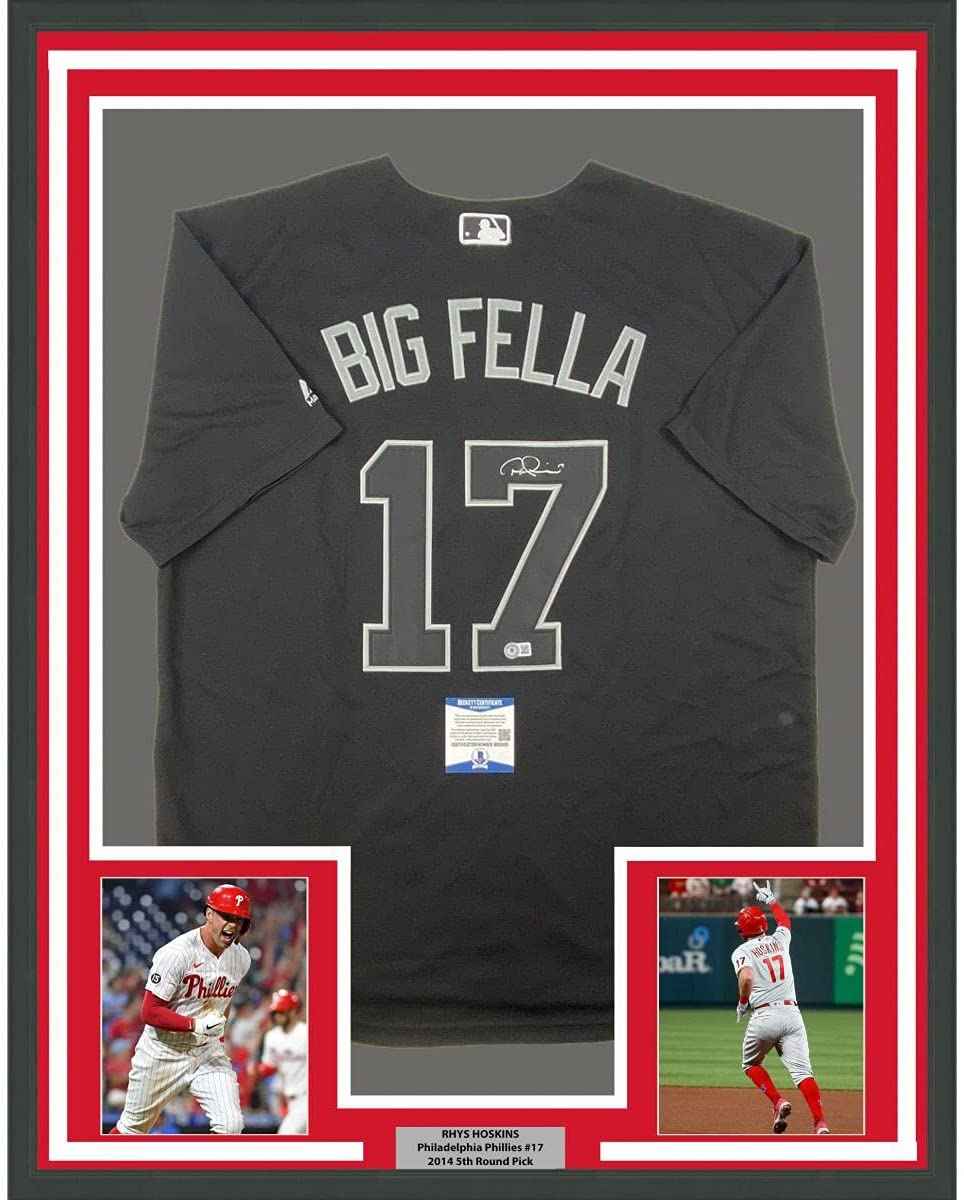 Framed Autographed/Signed Rhys Hoskins 35x39 Big Fella Players Weekend Black Baseball Jersey Beckett BAS COA
