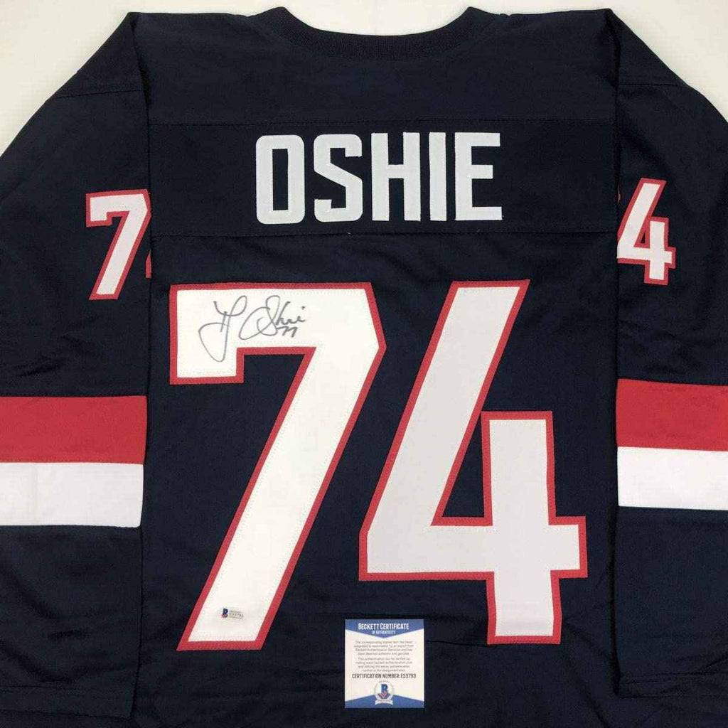 Autographed/Signed TJ T.J. Oshie United States USA Blue Olympics Hockey Jersey Beckett BAS COA