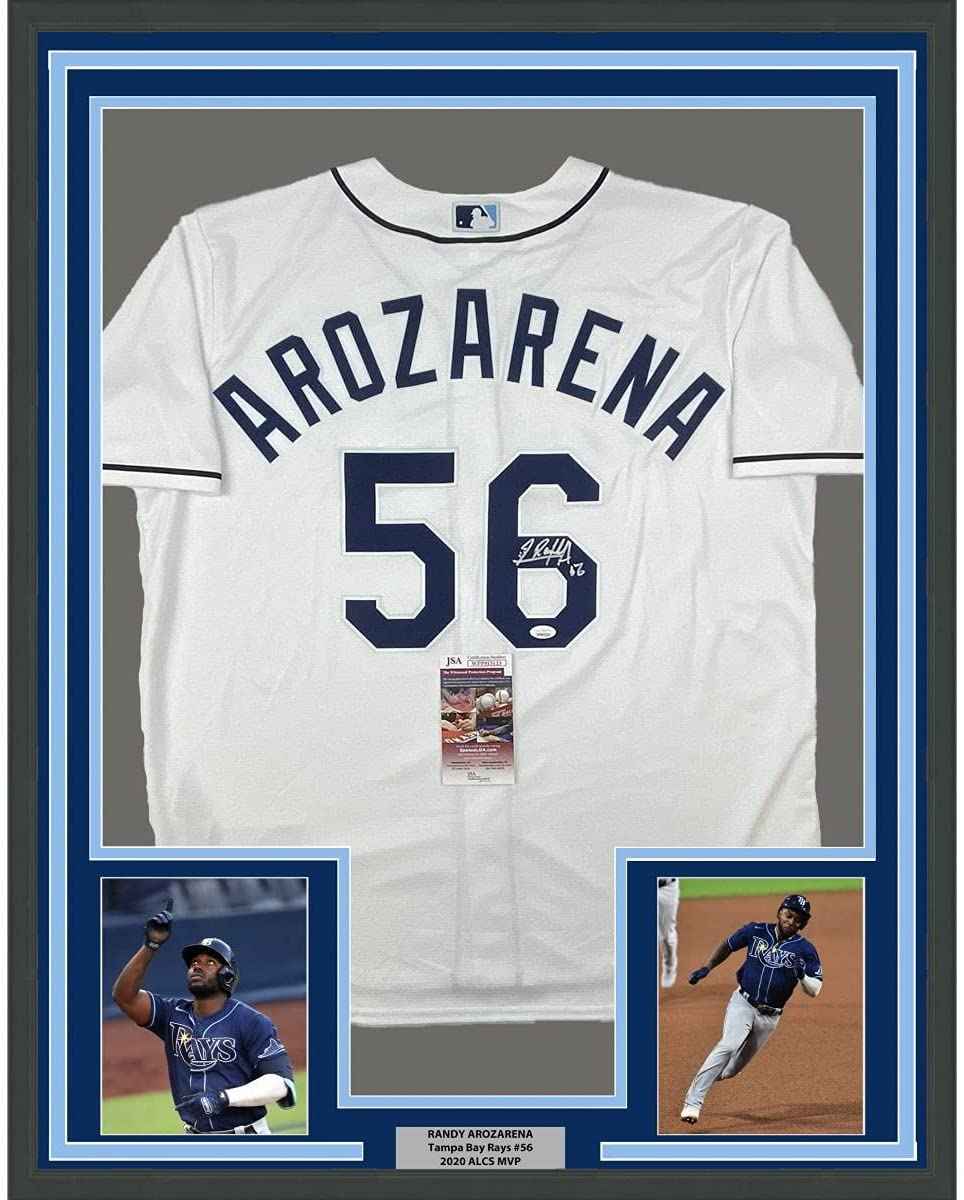 Framed Autographed/Signed Randy Arozarena 35x39 Tampa Bay Rays White Authentic Nike Baseball Jersey JSA COA