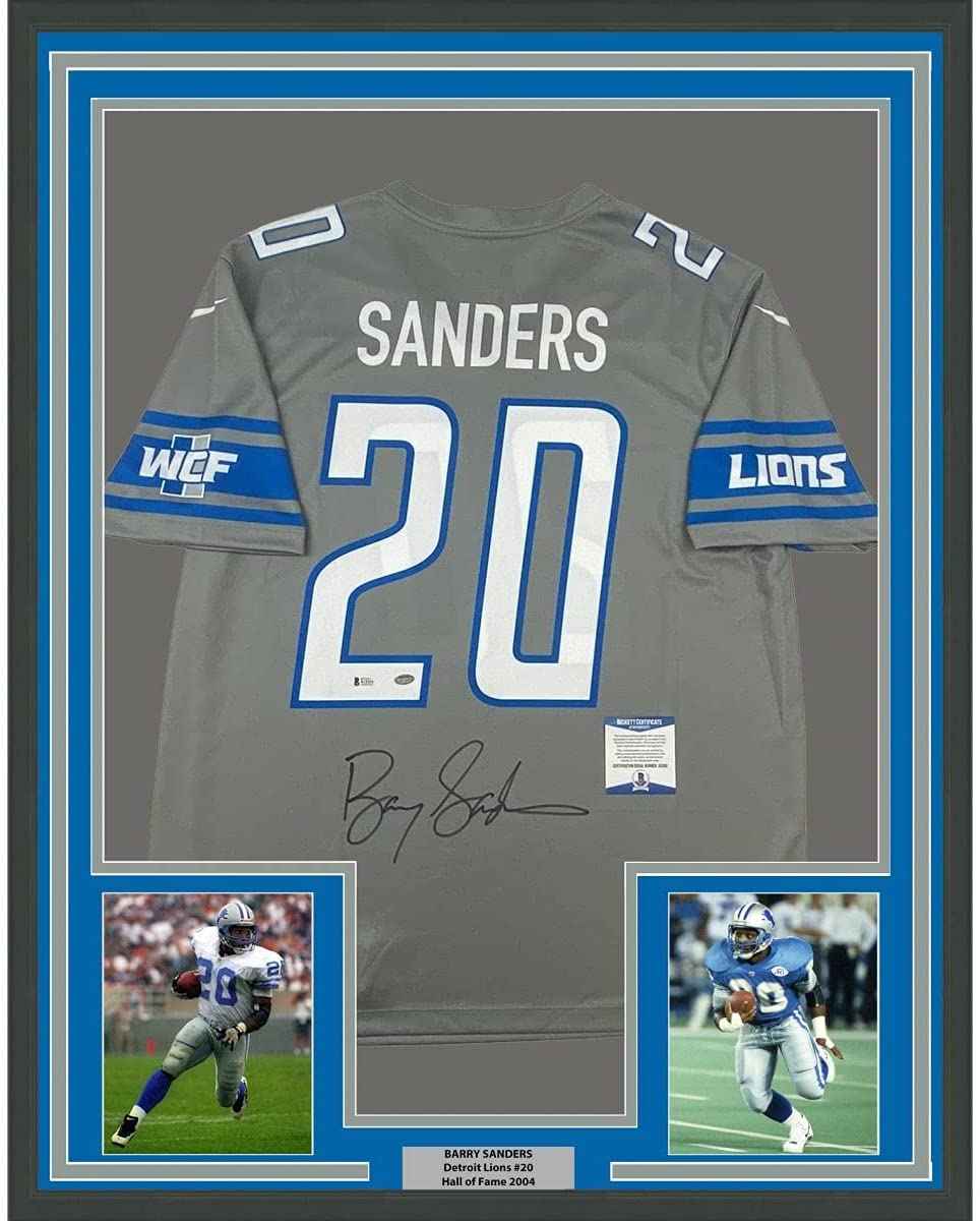 Framed Autographed/Signed Barry Sanders 35x39 Detroit Lions Grey Football Jersey Beckett BAS COA