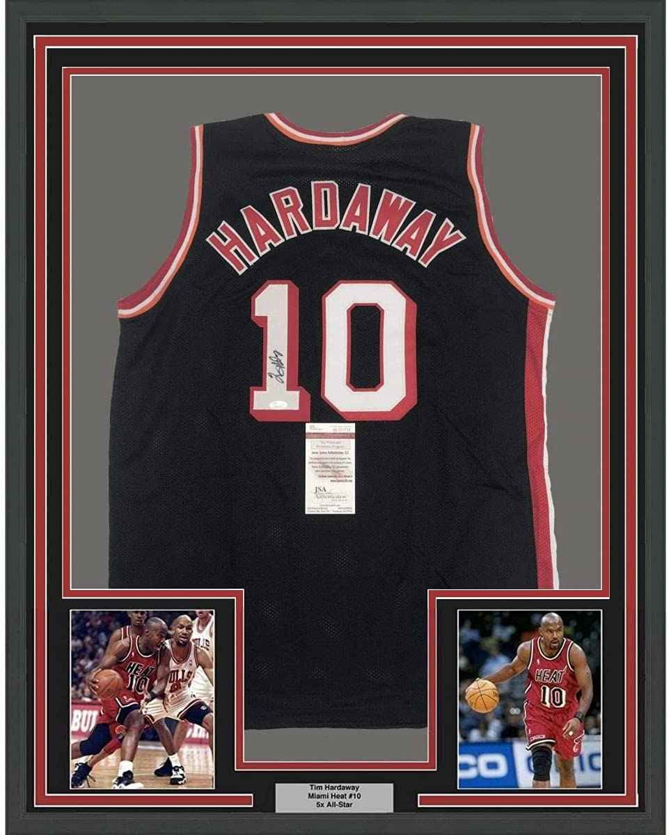 Framed Autographed/Signed Tim Hardaway 35x39 Miami Black Basketball Jersey JSA COA