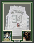 Framed Autographed/Signed Giannis Antetokounmpo 35x39 Milwaukee White Ice Basketball Jersey JSA COA