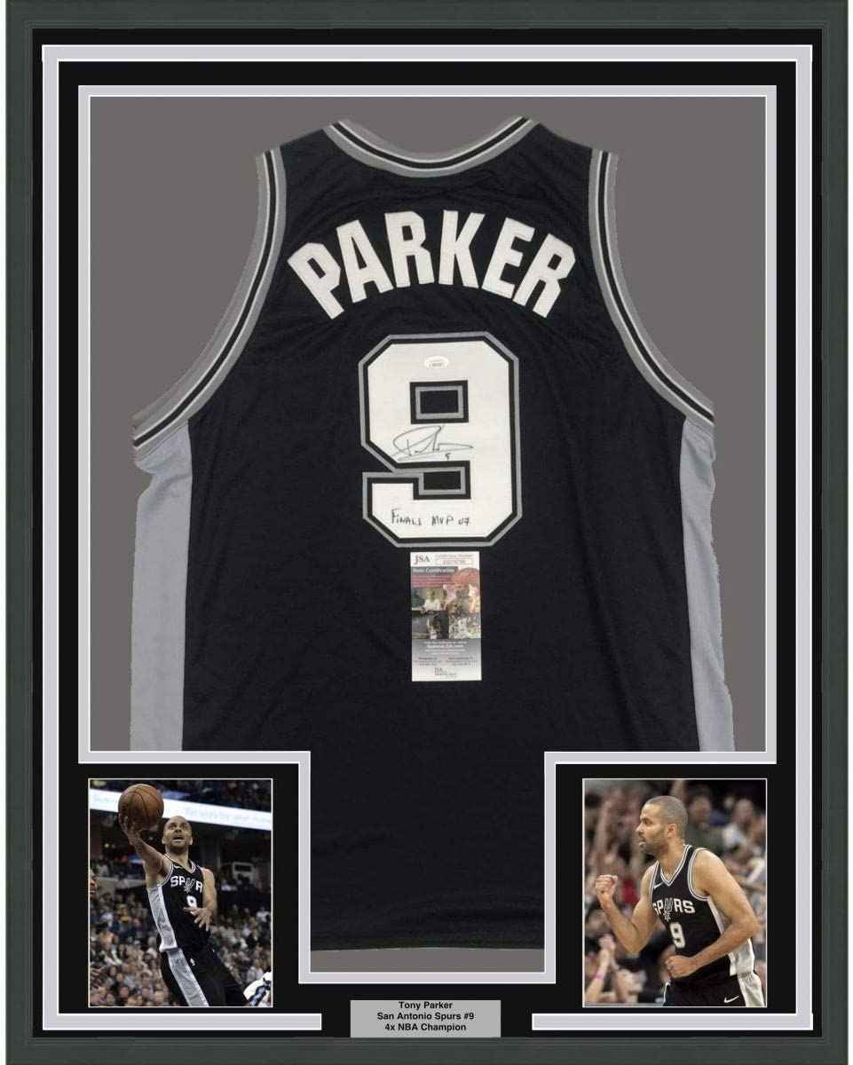 Framed Autographed/Signed Tony Parker Finals MVP 07 35x39 San Antonio Black Basketball Jersey JSA COA