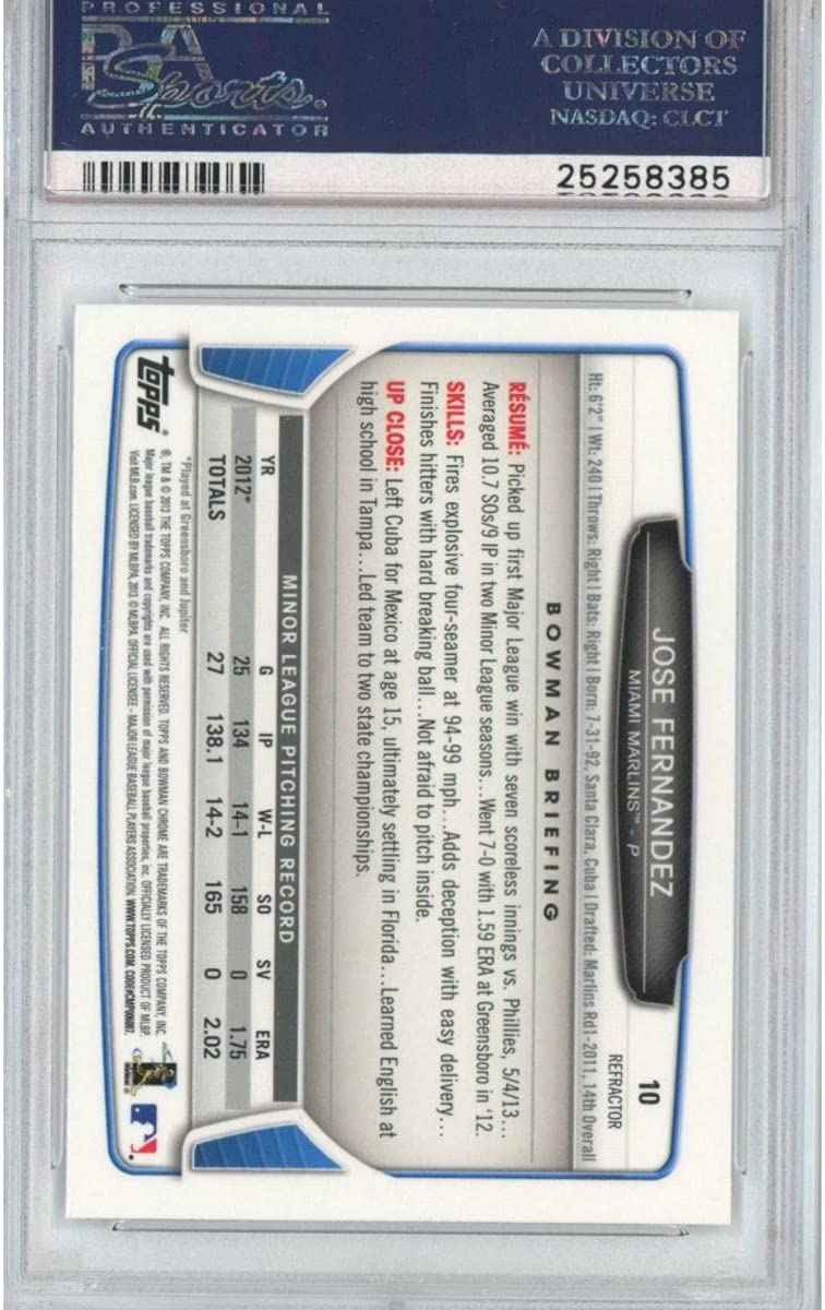 Graded 2013 Bowman Chrome Draft Picks & Prospects Jose Fernandez #10 Refractor Rookie RC Baseball Card PSA 10 Gem Mint