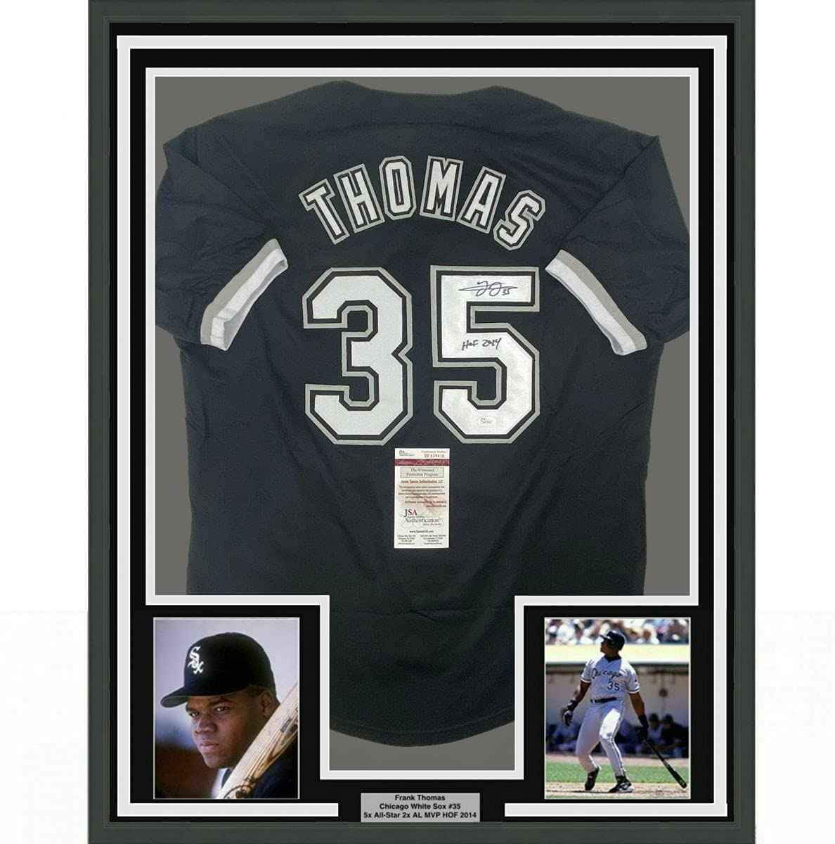 Framed Autographed/Signed Frank Thomas HOF 2014 35x39 Chicago Black Baseball Jersey JSA COA