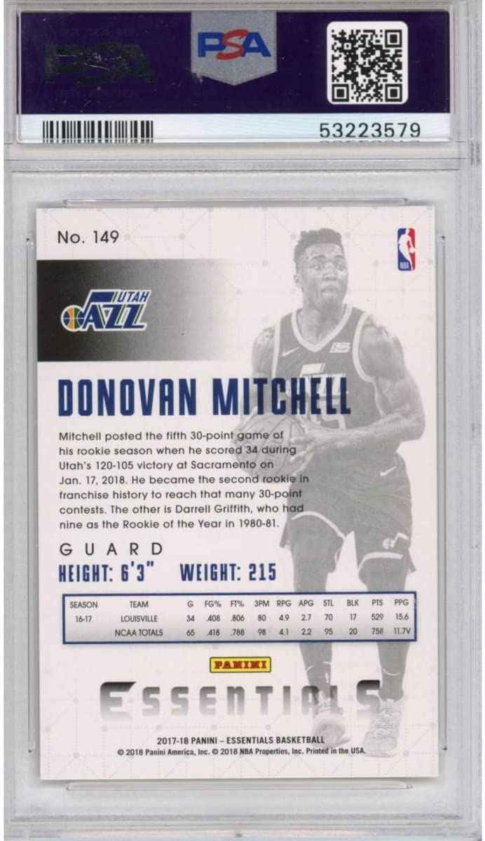 Graded 2017-18 Panini Essentials Donovan Mitchell #149 Spiral Rookie RC Basketball Card PSA 10 Gem Mint