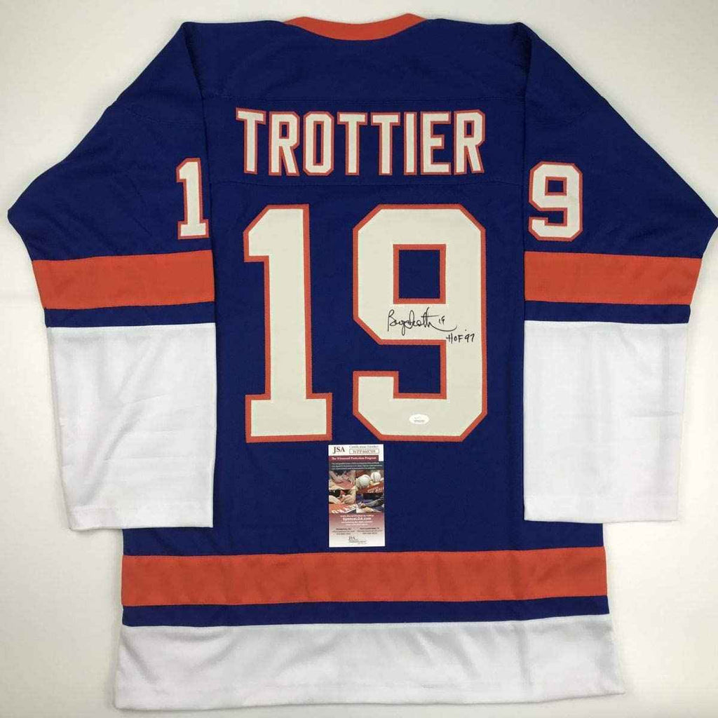 Autographed/Signed Bryan Trottier HOF 97 New York Blue Hockey Jersey JSA COA