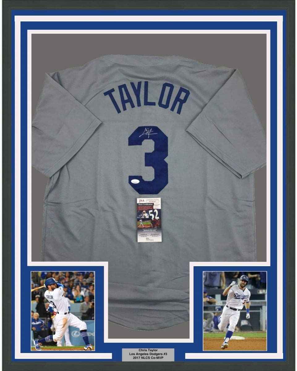 Framed Autographed/Signed Chris Taylor 35x39 Los Angeles LA Grey Baseball Jersey JSA COA