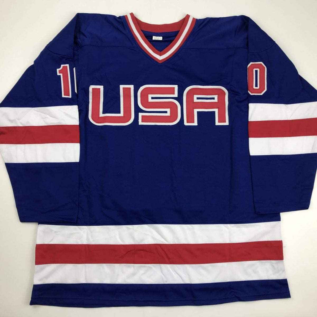 Autographed/Signed Mark Johnson Blue Team USA Miracle On Ice 1980 Olympics Hockey Jersey JSA COA