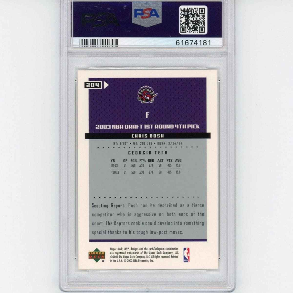 Graded 2003-04 Upper Deck UD MVP Chris Bosh #204 Rookie RC Basketball Card PSA 10 Gem Mint