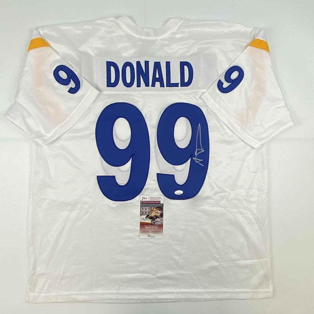Autographed/Signed Aaron Donald Los Angeles LA White Football Jersey JSA COA