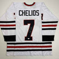 Autographed/Signed Chris Chelios Chicago White Hockey Jersey JSA COA