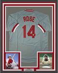 Framed Autographed/Signed Pete Rose 35x39 Cincinnati Grey Baseball Jersey Athlete Hologram COA Holo