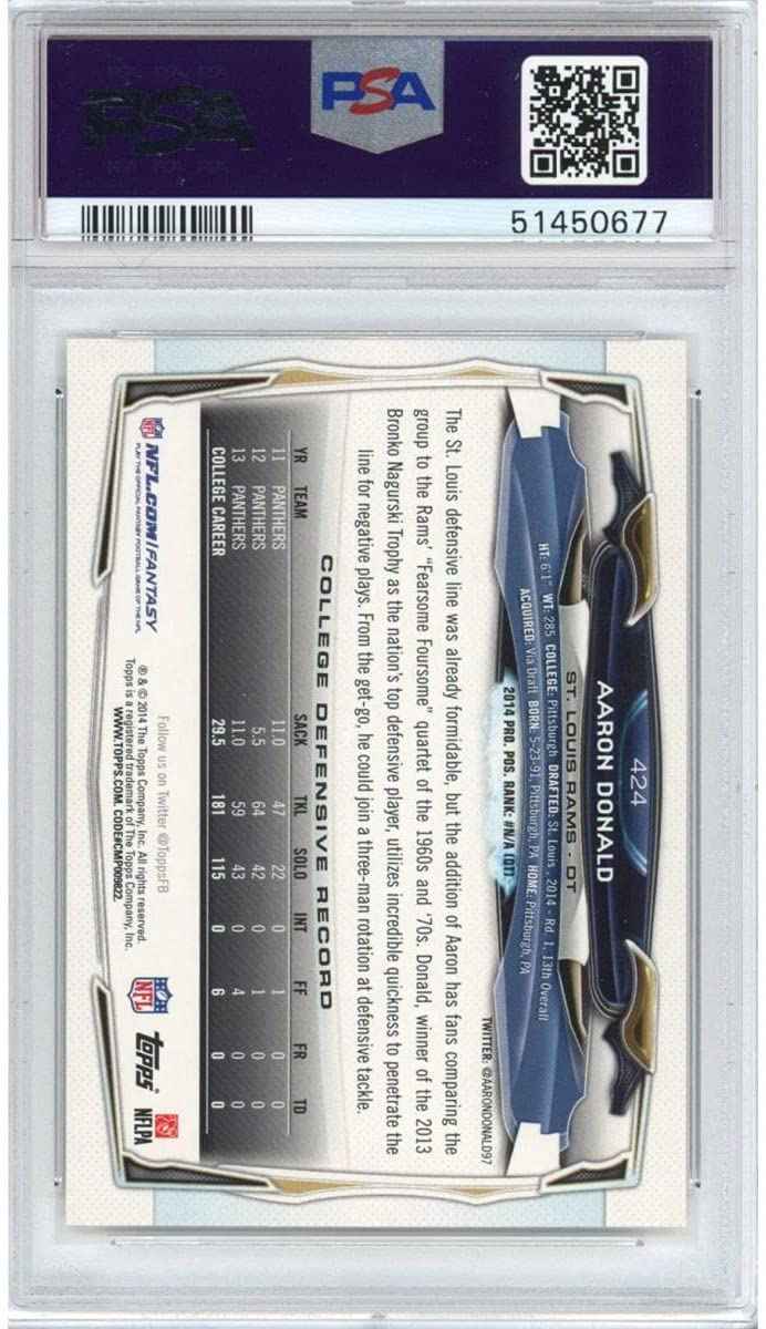 Graded 2014 Topps Aaron Donald #424 No Helmet Rookie RC Football Card PSA 10 Gem Mint