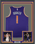 Framed Autographed/Signed Devin Booker 35x39 Phoenix Purple Basketball Jersey Steiner Sports COA