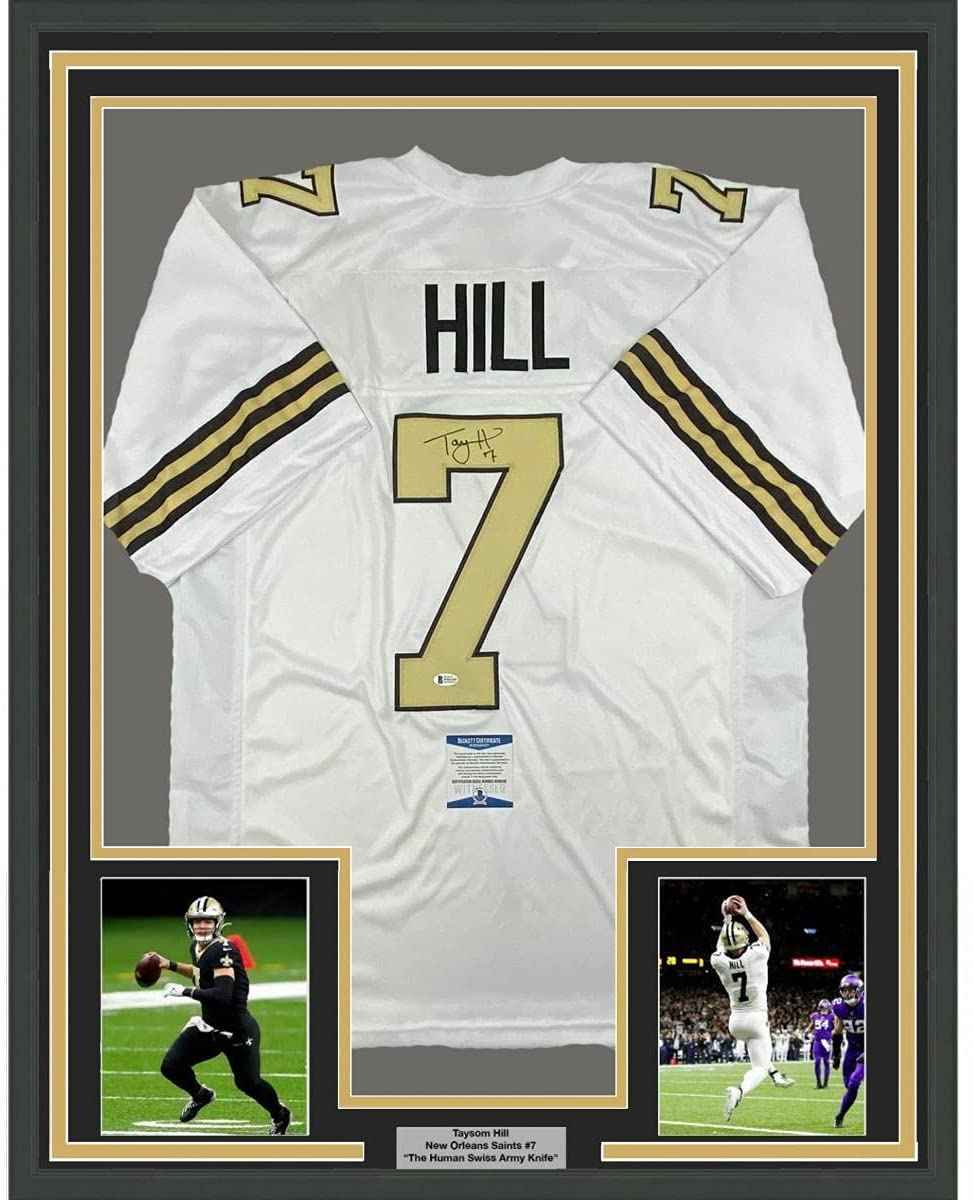 Framed Autographed/Signed Taysom Hill 35x39 New Orleans Color Rush Football Jersey Beckett BAS COA
