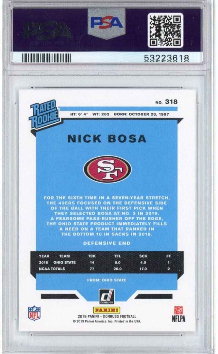 Graded 2019 Panini Donruss Nick Bosa #318 Canvas Rookie RC Football Card PSA 10 Gem Mint