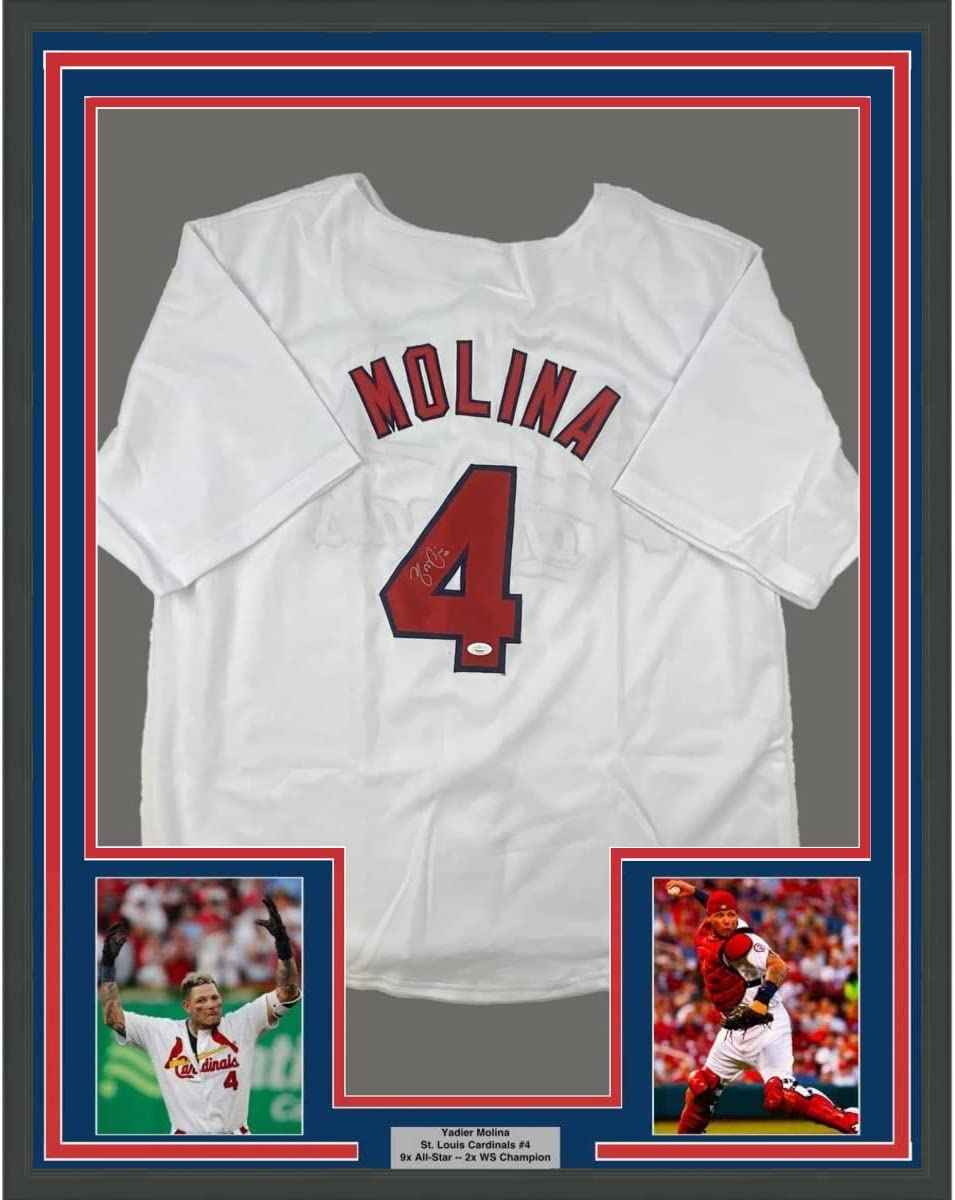Framed Autographed/Signed Yadier Molina 35x39 St. Louis White Baseball Jersey JSA COA Holo Only