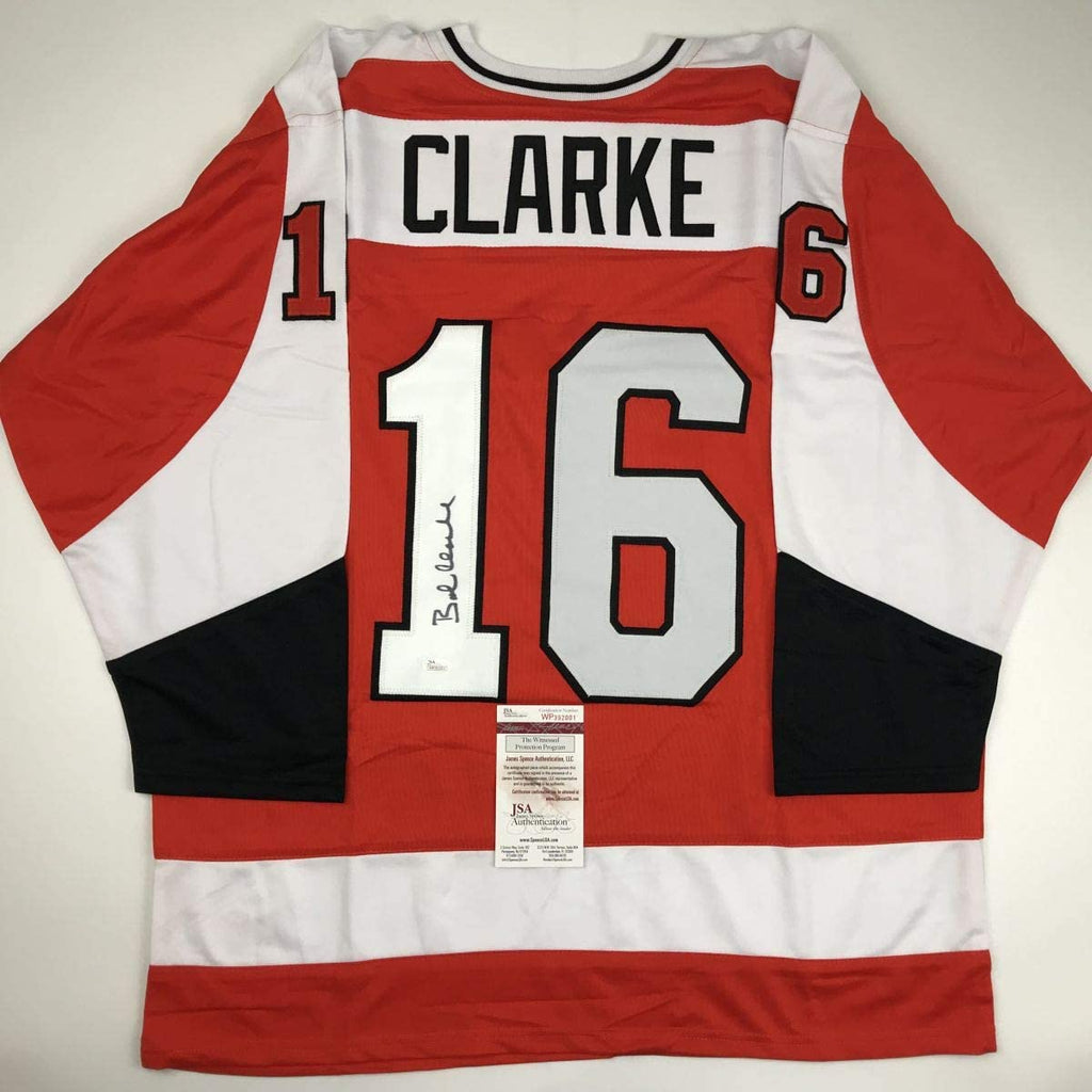 Autographed/Signed Bob Bobby Clarke Philadelphia Orange Hockey Jersey JSA COA
