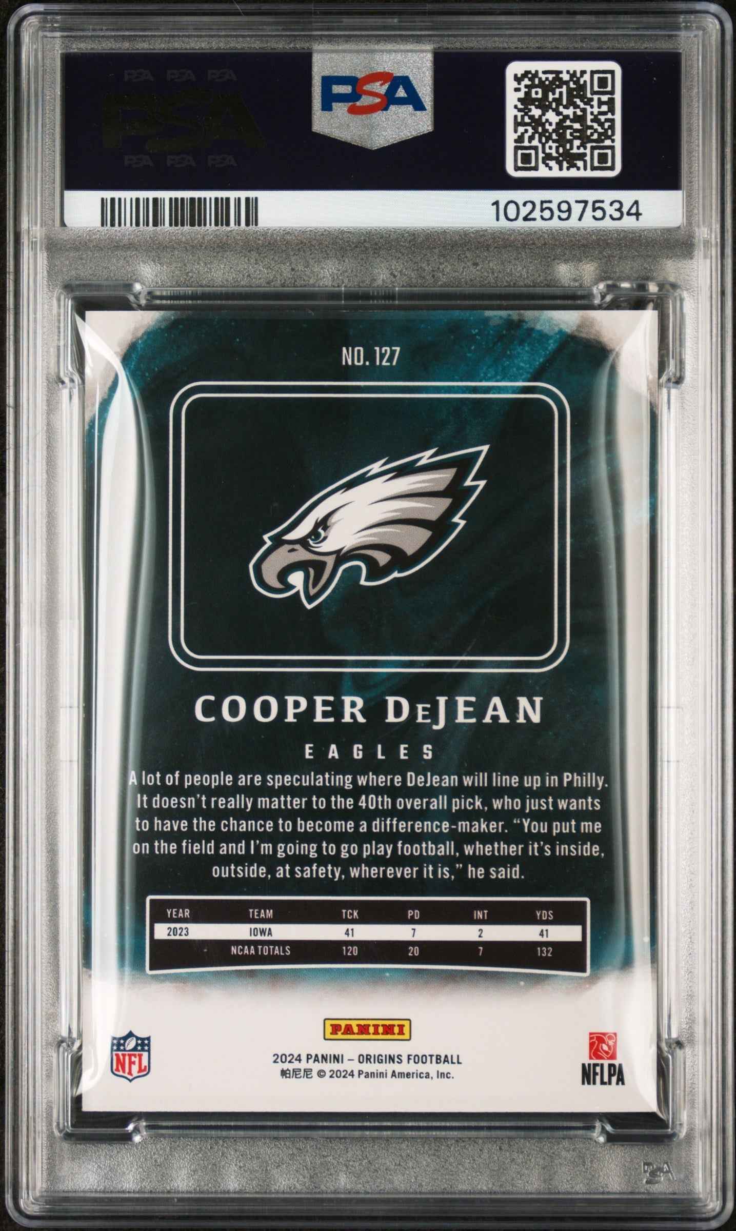 Graded 2024 Panini Origins Cooper DeJean #127 Rookie RC Football Card PSA 9 Mint